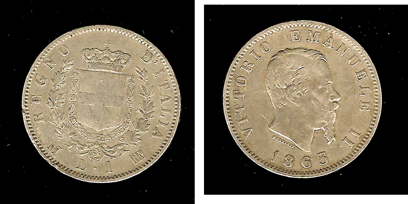 Italy 1 lire 1863 VF+